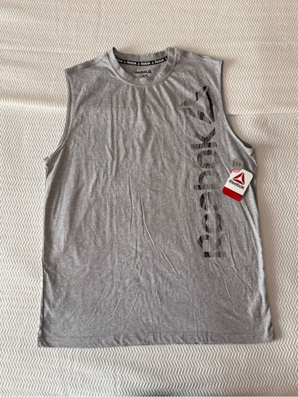 Reebok Men's Light Gray Sleeveless Training Tank with Vertical Logo